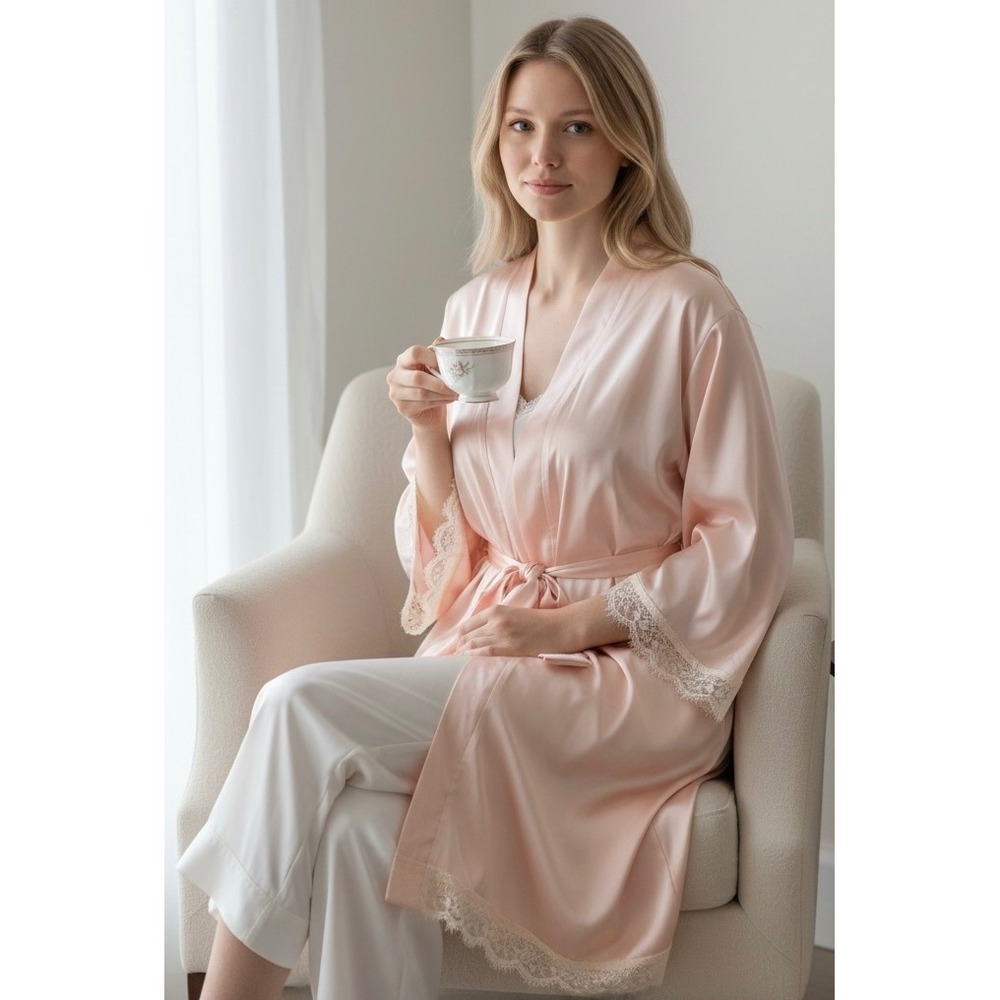 Blush Pink Satin Lace Trim Size Small Robe Intimates Loungewear Kimono
